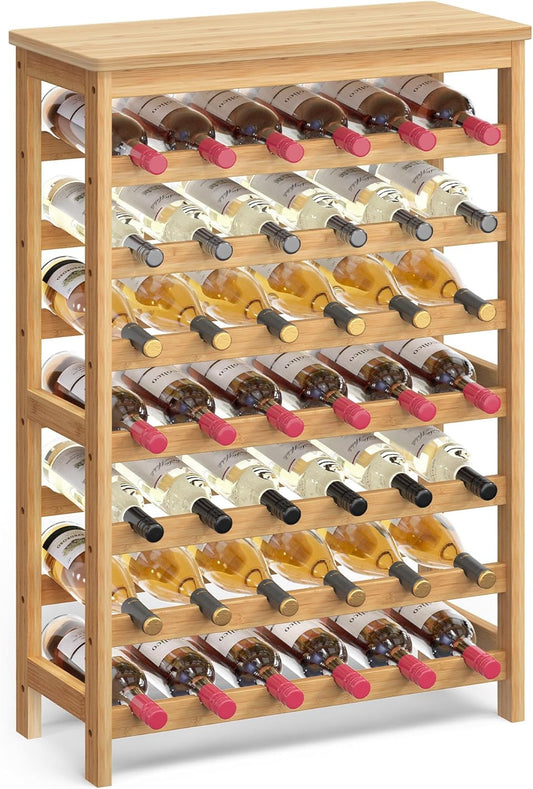 SONGMICS 42-Bottle Wine Rack Free Standing Floor, 7-Tier Display Wine Storage Shelves with Table Top, Bamboo Wobble-Free Bottle Holder for Kitchen Bar Dining Room Living Room, Natural UKWR27NL