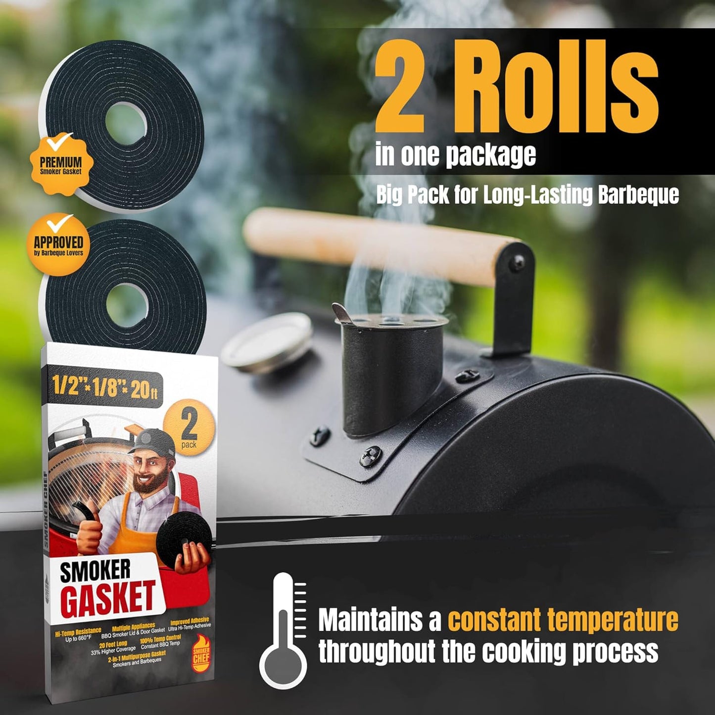 XXL 20 FT Grill Gasket for Smokers - Black 1/2’’ x 1/8’’ Hi Temp Seal Smoker Gasket – 2-Pack x 10 FT Self Stick Black Nomex Fire Tape for BBQ Lid – High Heat Temperature Material Replace