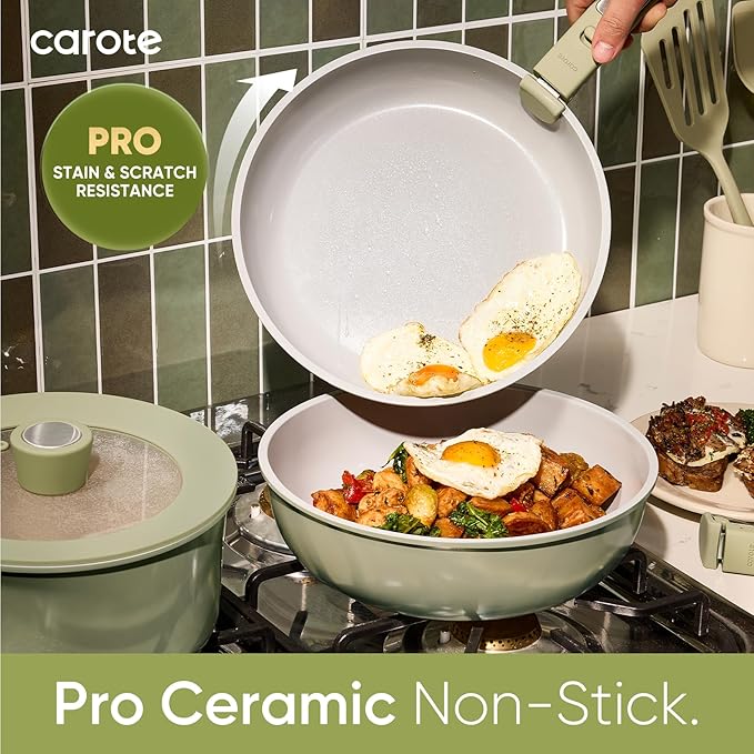 CAROTE 27pcs Ceramic Cookware Set Nonstick, Pots and Pans Set Non stick, Non Toxic Cookware, Dishwasher/Oven Safe, RV/Camping Cookware Set, Pan and Pot with Kitchen Utensils, Green