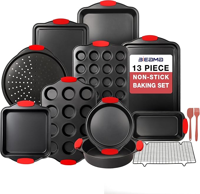 13-Piece Baking Pans Sets, Nonstick Bakeware Sets, BPA-Free Carbon Steel Stackable, Cookie Sheet, Cake, Loaf, Pizza & Muffin Pan, Grey