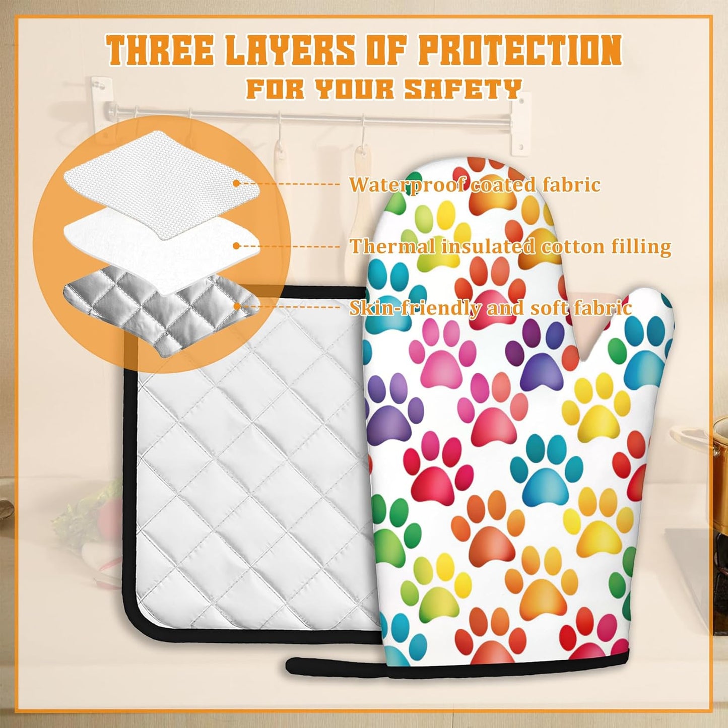 Cat Dog Paw Oven Mitts and Pot Holders Set,Rainbow Kitchen Decor Heat Resistant Non Slip Hot Pads and Oven Mitt for Chef Cooking Baking BBQ Mom Girl Gifts(4 Piece Set)