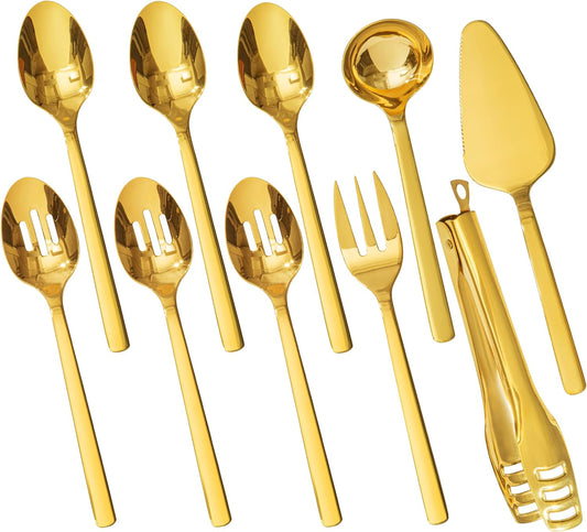 KINGSTONE Large Hostess Serving Utensils Set, Heavy Duty 18/10 Stainless Steel - 10 inch Serving Spoons, Slotted Spoons, Forks, Tongs, Cake Pie Server for Buffet, Wedding, Party, Gold