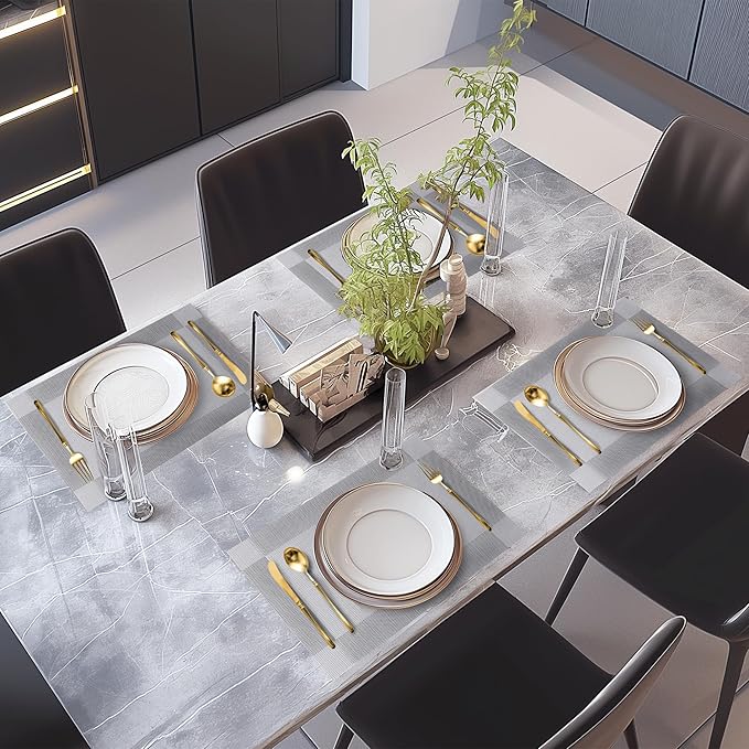 Silver Placemats Set of 6-Durable PVC Vinyl Woven Place Mats for Dining Table Heat Resistant Non-Slip Washable Indoor/Outdoor Table Mats 12 x 17 inch