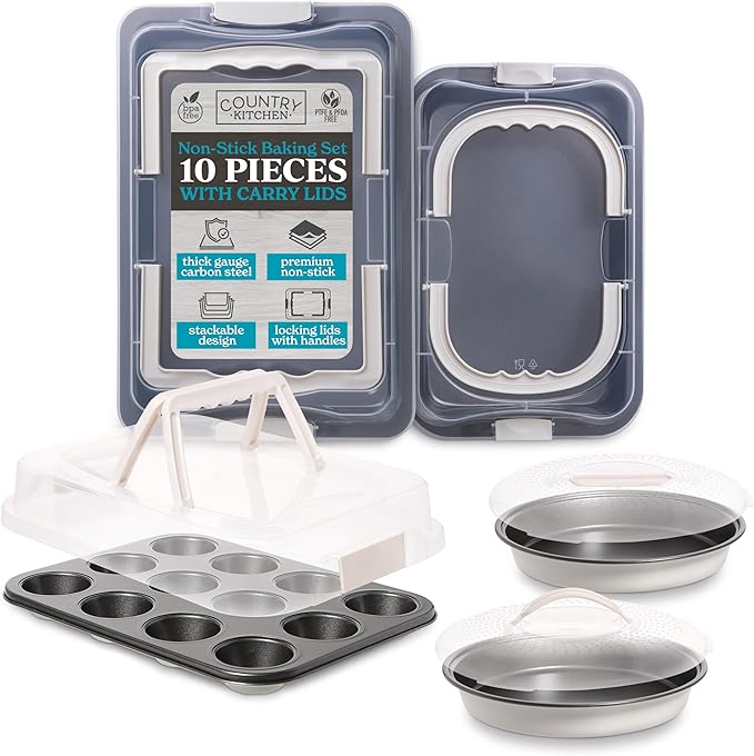 Country Kitchen Baking Pans Set - 10 Piece Non-Stick Cake Pans with Carry Lids for Easy Storage & Travel, Perfect for Parties - Stackable, Cream