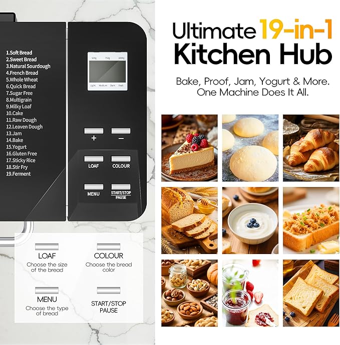 Manastin 2LB & 1.5LB Bread Maker Machine, 19-in-1 Automatic with 3 Crust Colors, 3-Step Beginner-Friendly Operation, Keep Warm, Programmable Delay Timer for Homemade Bread, Silver