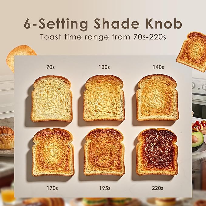 Roter Mond 4 Slice Toaster Retro Stainless Steel Toaster with Bagel, Cancel, Defrost Function and 6 Bread Shade Settings Bread Machine, Long Extra Wide Slots and Removable Crumb Tray, Cream