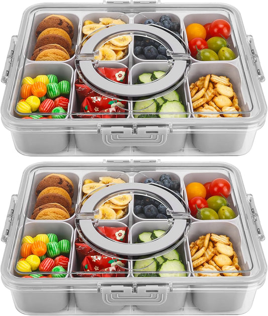 shopwithgreen 2Pcs Snackle Box Container, Divided Serving Tray with Lid and Handle, Snack Box Container Food Platter Charcuterie for Party, Veggies, Snack, Fruit, Nuts, Entertaining, Picnic,Gray