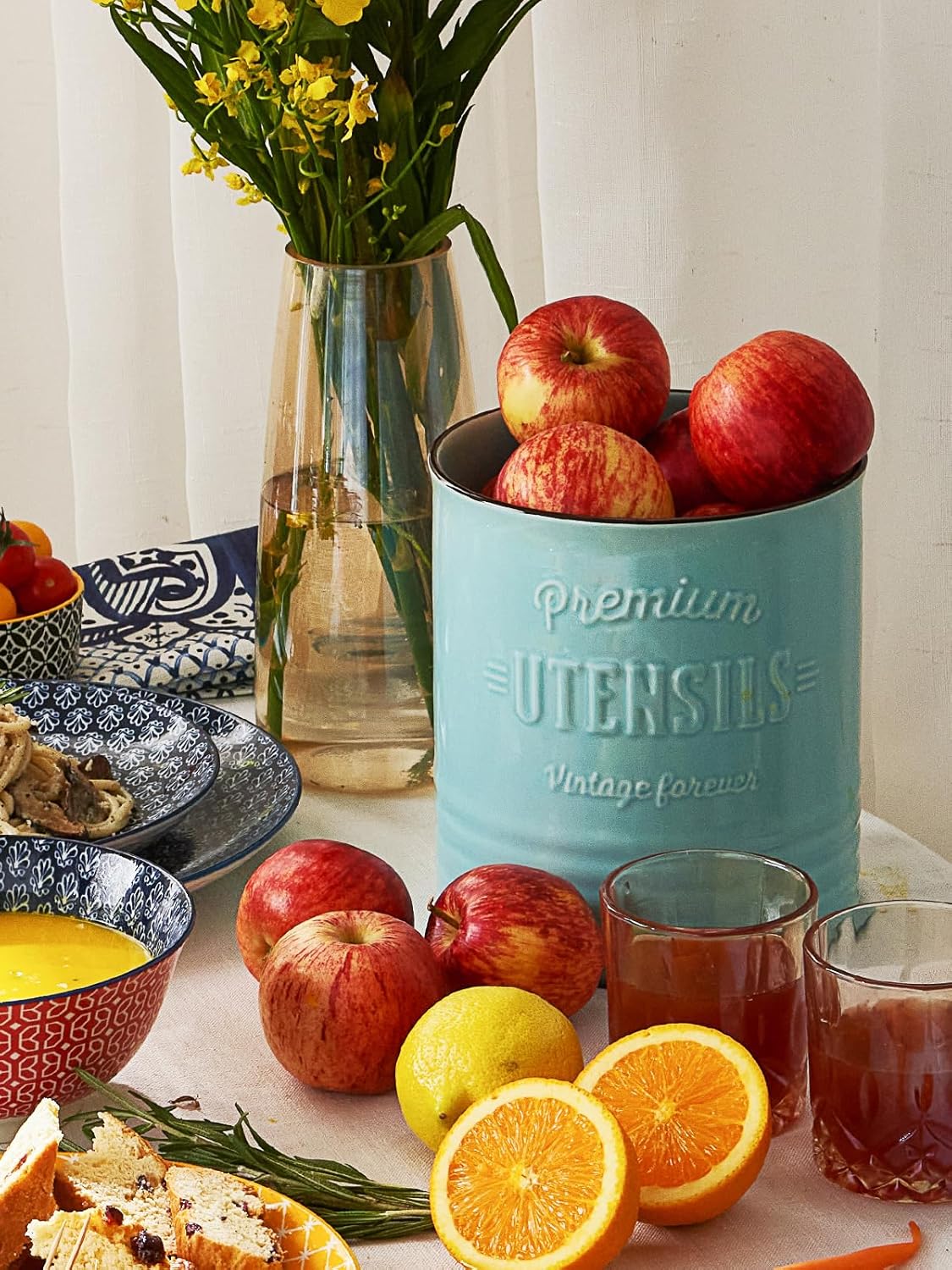 DOWAN 7.2″ Extra Large Kitchen Utensil Holder - Farmhouse Utensil Holder for Countertop - Ceramic Utensil Crock with Protection Cork Mat - Kitchen Decor & Housewarming Gift (Turquoise)