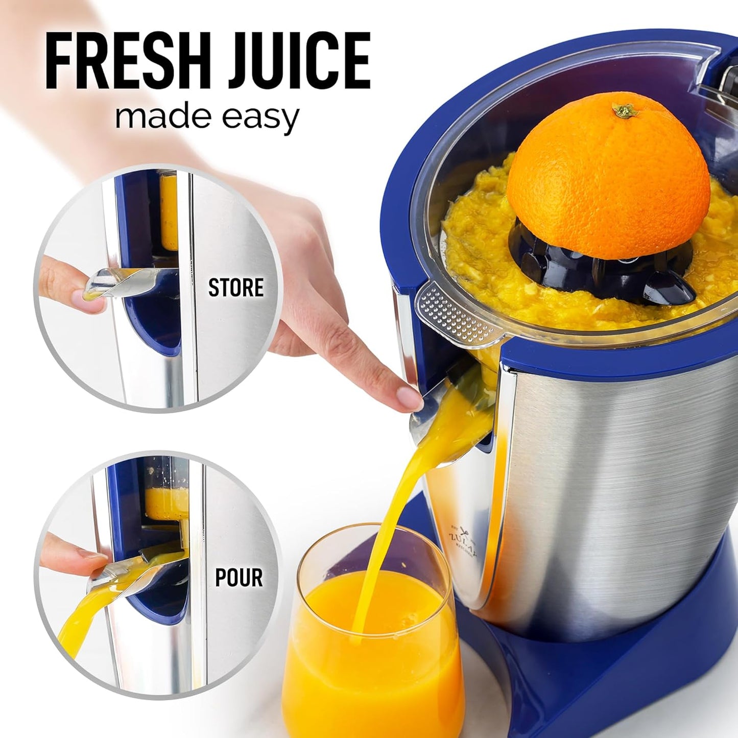 Zulay Electric Citrus Juicer - Makes Fresh Orange, Lemon, Grapefuit, Lime Juice - Stainless Steel, 160W Powerful & Quiet, Interchangeable Cones -Filters Out Seeds & Pulp - Dishwasher Safe Parts - Blue