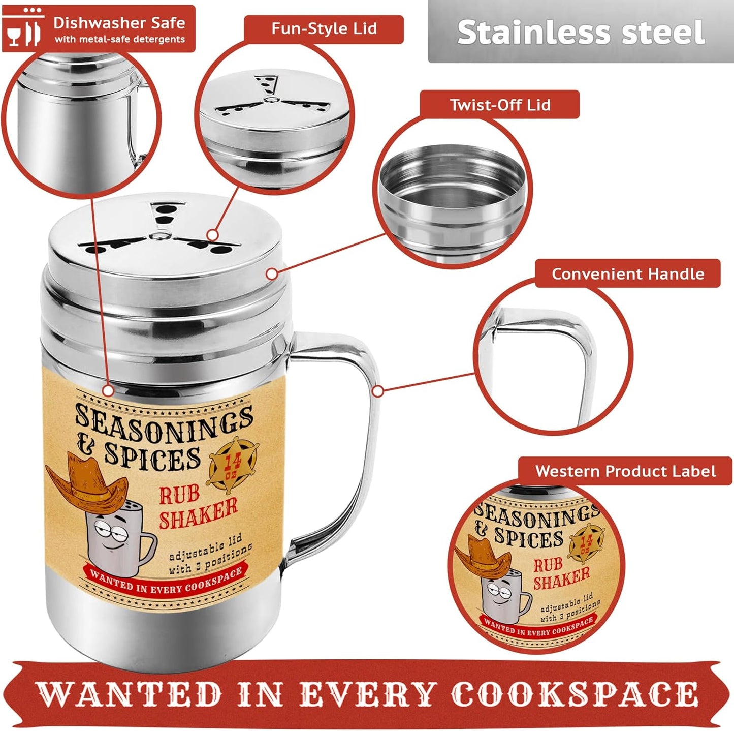 CUSINIUM [Pack of 6] 14 oz Seasonings Spice Shakers - BBQ Dry Rub Shakers - Cooking Dredge with Adjustable Fan-Style Lid and Handles