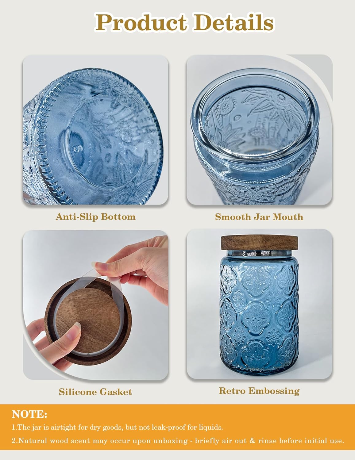 Glass Jar with Airtight Wood Lid – 24 OZ Kitchen and Pantry Canister, Decorative Vintage Storage Container for Candy, Coffee, Cookie, Cereal, Flour, Sugar, Tea, Apothecary, Blue Sunflower