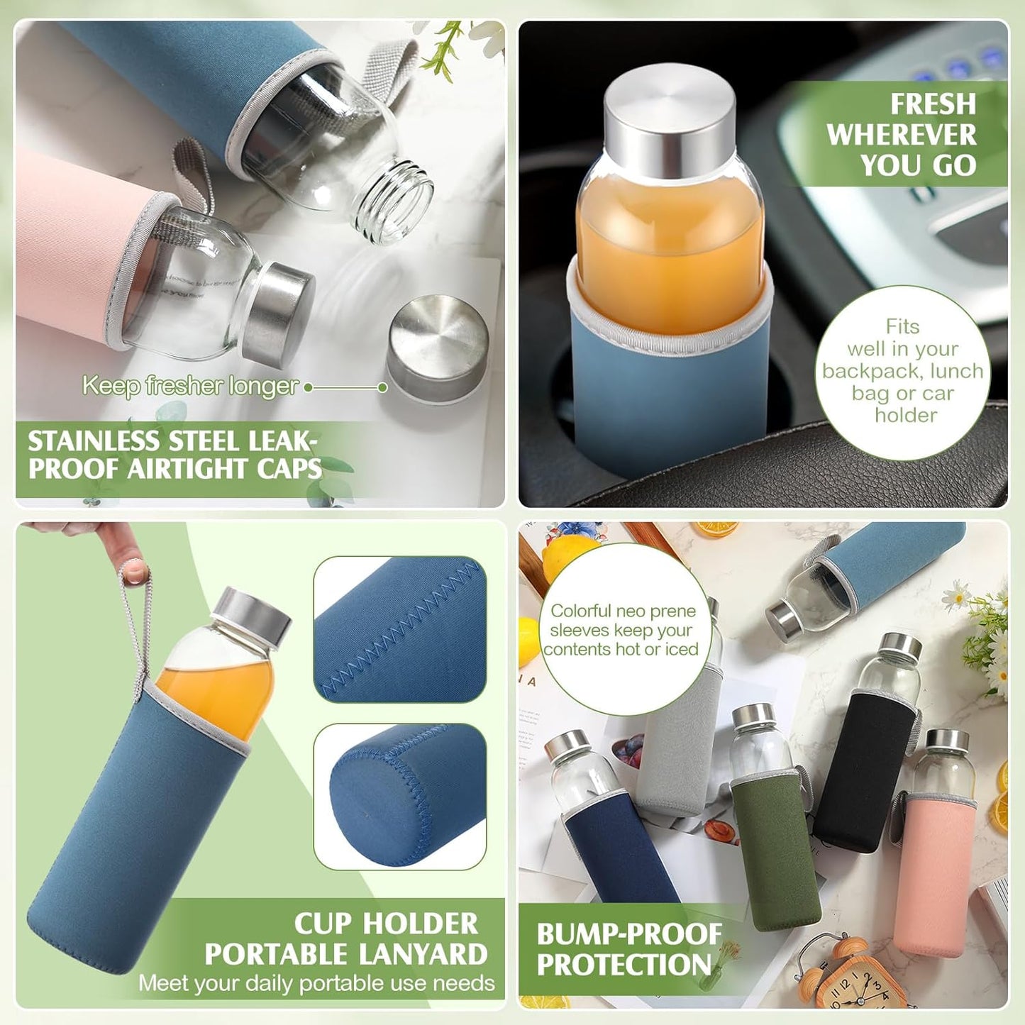 Vesici 12 Set 18 oz Clear Glass Water Bottles, Reusable Glass Juicing Bottles with Protection Sleeve and Stainless Steel Leak Proof Lids for Milk Smoothie Juice Beverage Tea (Colorful,Low Profile)