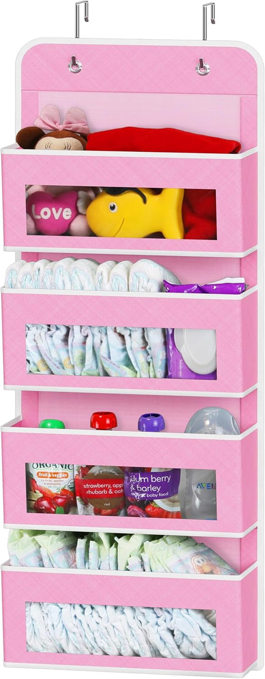 Simple Houseware 4 Clear Window Pocket Over Closet Door Storage Hanging Organizer for Bedroom, Bathroom, Pantry, Pink