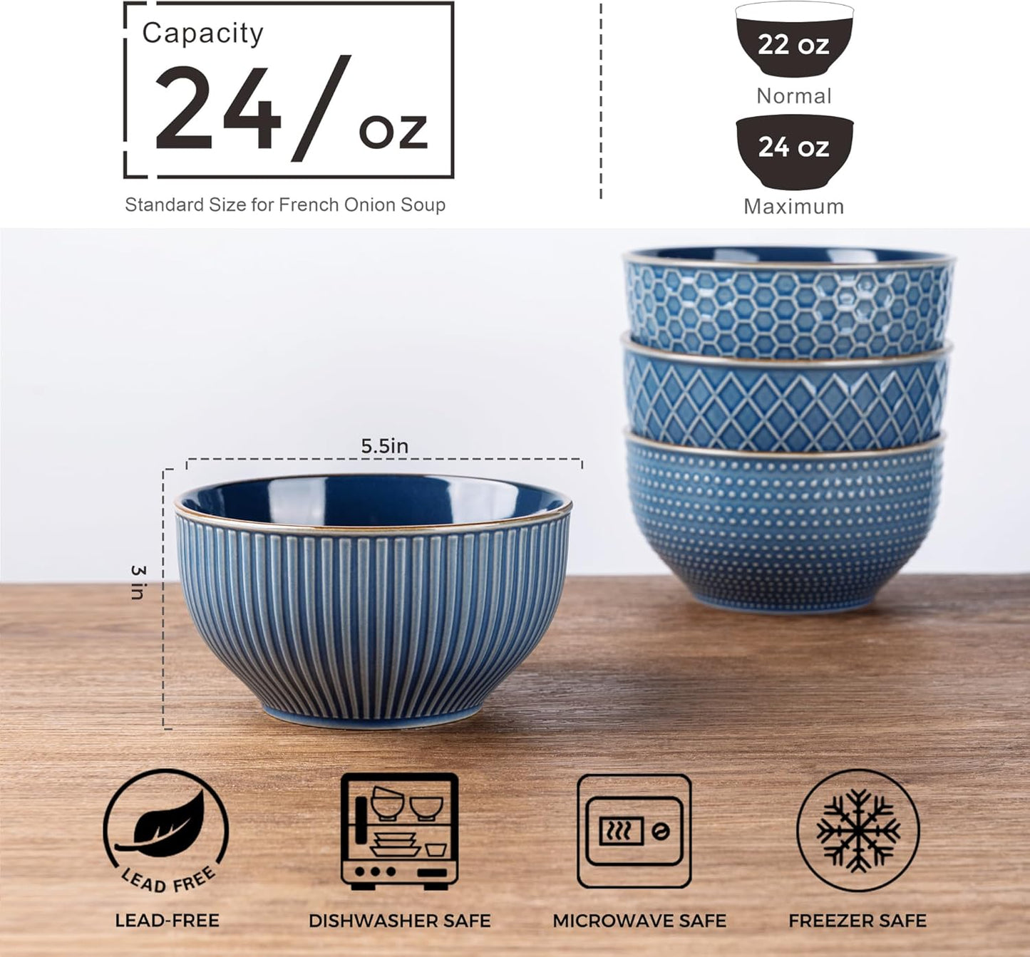 GBHOME Stoneware Cereal Bowls Set of 4, 24 oz Ceramic Soup Bowls with Texture Patterns for Soup,Oatmeal,Snack Perfect for Wedding, House-warming Gift - Moonlight Blue