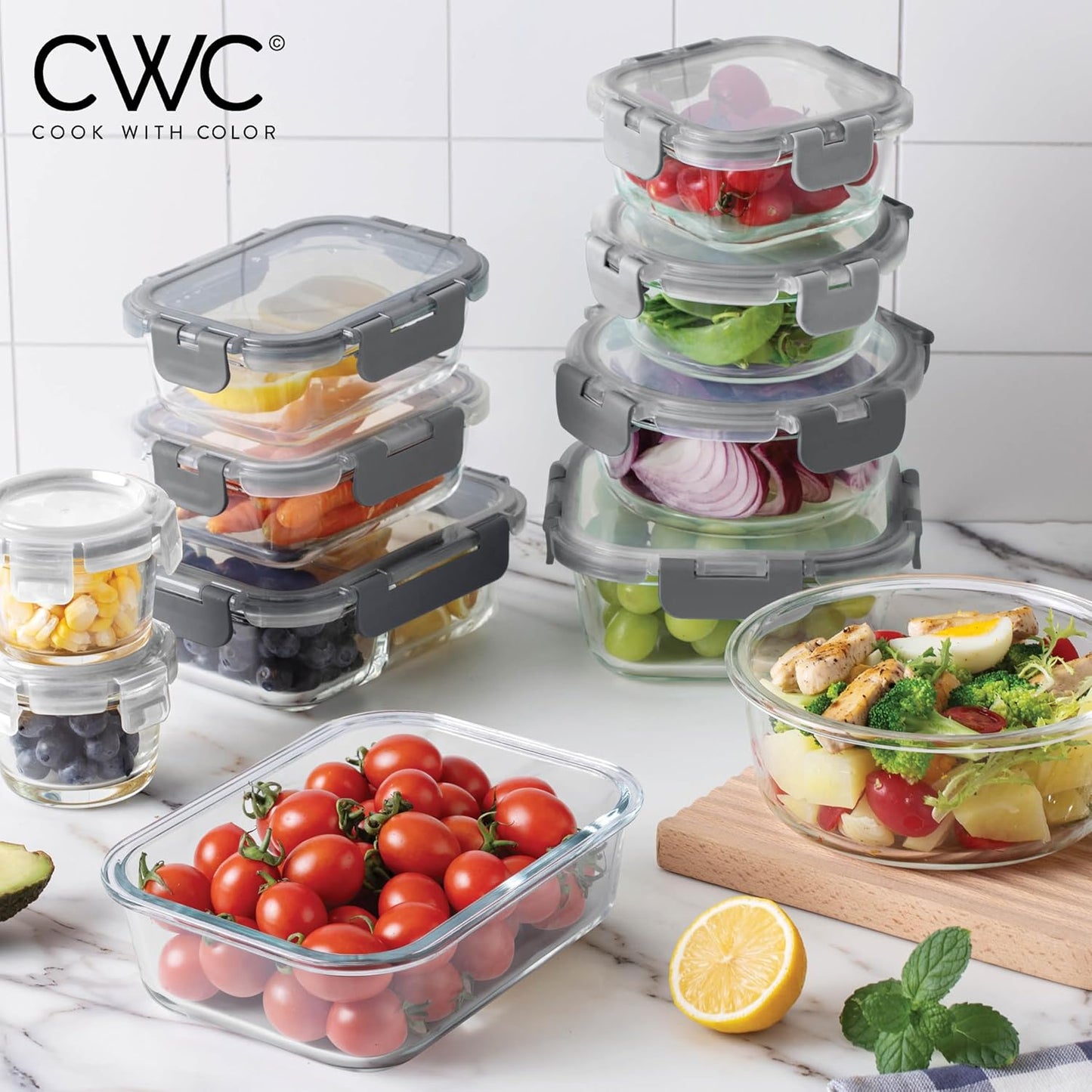 COOK WITH COLOR Premium 32-Pc. Borosilicate Glass Food Container Set with Dividers - 4 Rectangles, 8 Rounds, 4 Squares - Leakproof Lids - Meal Prep, Storage, Ombre Grey