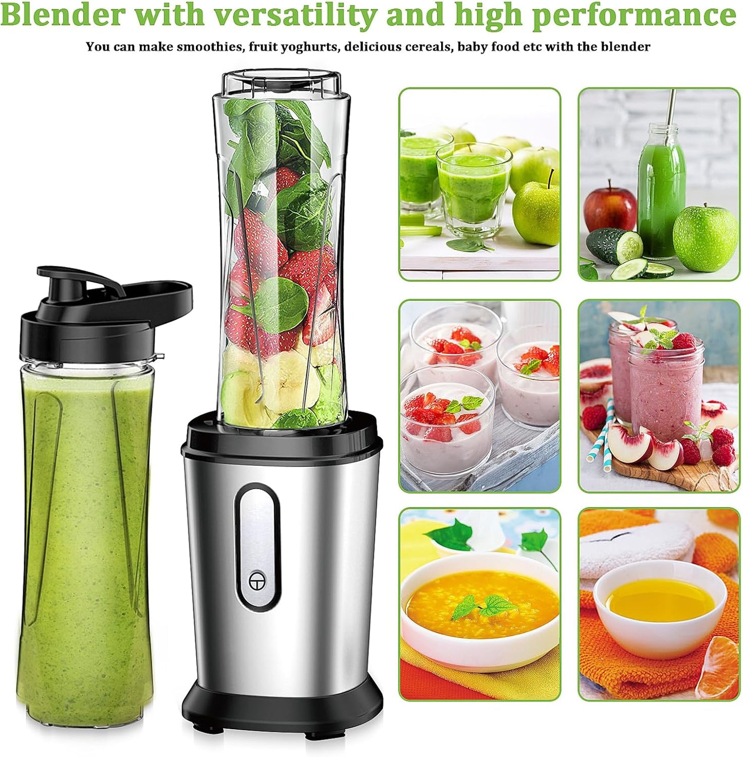 Electric Smoothie Blender, Powerful Small Blender with 2 Portable 20oz Tritan blender Bottles, BPA-Free Personal Blender with 4 Stainless Steel Blades, Mixer Smoothie Maker for Shakes and Smoothies
