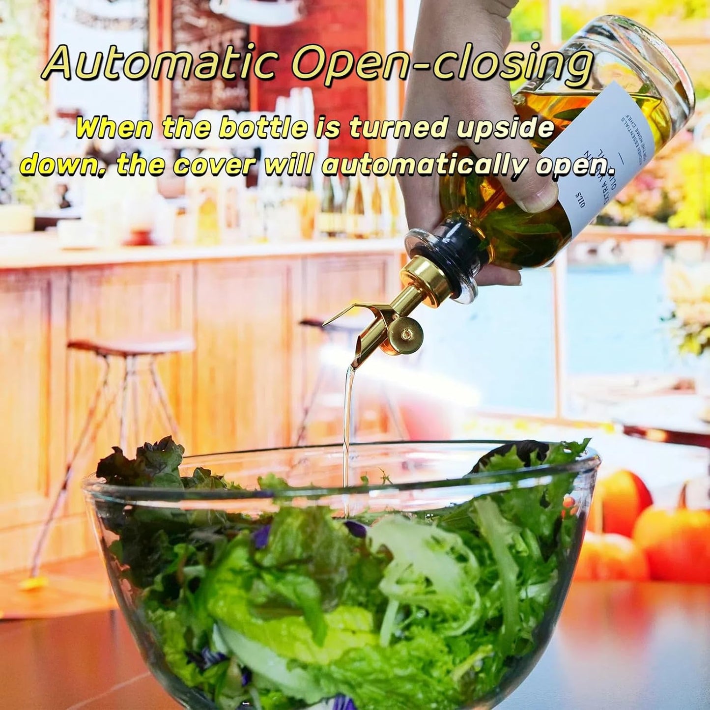 Olive Oil Dispenser Spout, Weighted Liquor Pour Spout, Syrup Dispenser Spout, Stainless Steel Automatic Pour Spouts for Liquor Bottles, Oil Bottles, Vinegar, Syrup and Alcohol 2 Pack Golden