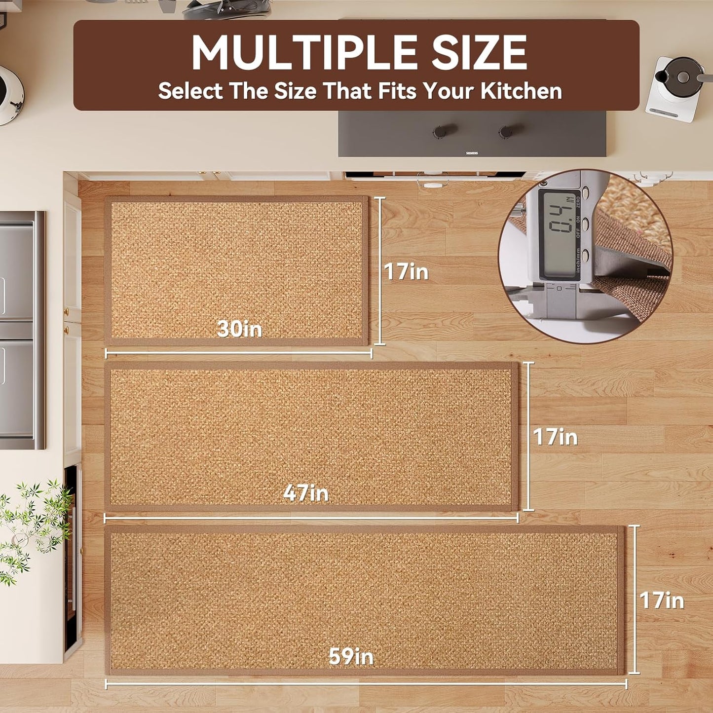 Anti Fatigue Kitchen Mats for Floor, Soft Cushioned Super Absorbent Kitchen Rugs Non Slip Washable, Jute-Like Woven Kitchen Sink Mat Standing Mat for Laundry Office, Easy Care, Brown 17"x30"