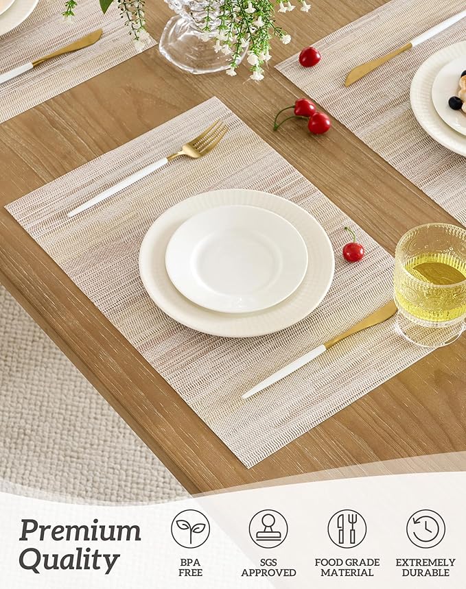 Leetaltree Lightsteel Beige with Yellow Placemats Set of 6 - Heat Resistant Non-Slip Place mats for Dining Table, Washable Durable PVC Vinyl Woven Table Mats (Lightsteel Beige with Yellow, 6)