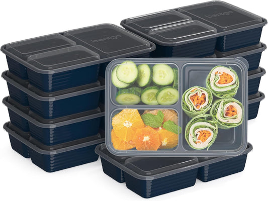 Bentgo 20-Piece Lightweight, Durable, Reusable BPA-Free 3-Compartment Containers - Microwave, Freezer, Dishwasher Safe - Navy Blue