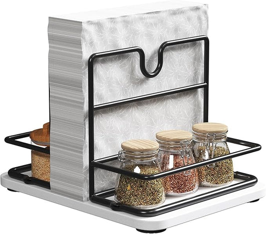 Napkin Holder for Table, 2 IN 1 Napkin Holders That Can Hold Salt Jar and Pepper Jar, Napkin Dispenser, Modern Dining Table Decor, Metal Racks and Wooden Bases, White