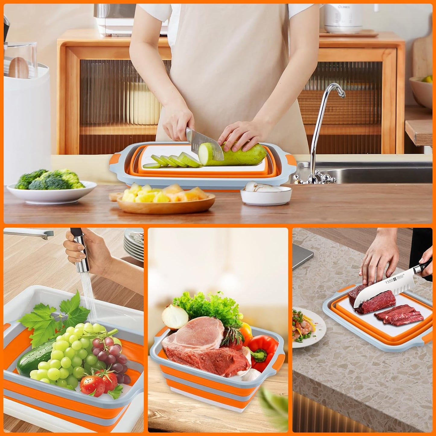 Collapsible BBQ Prep Tub with Cutting Board & Lid – 7.95 Gal / 30L Space-Saving Food Container – BPA-Free Heavy-Duty Plastic, Dishwasher Safe with Drain Hole – Offset Smoker, Backyard & Grilling