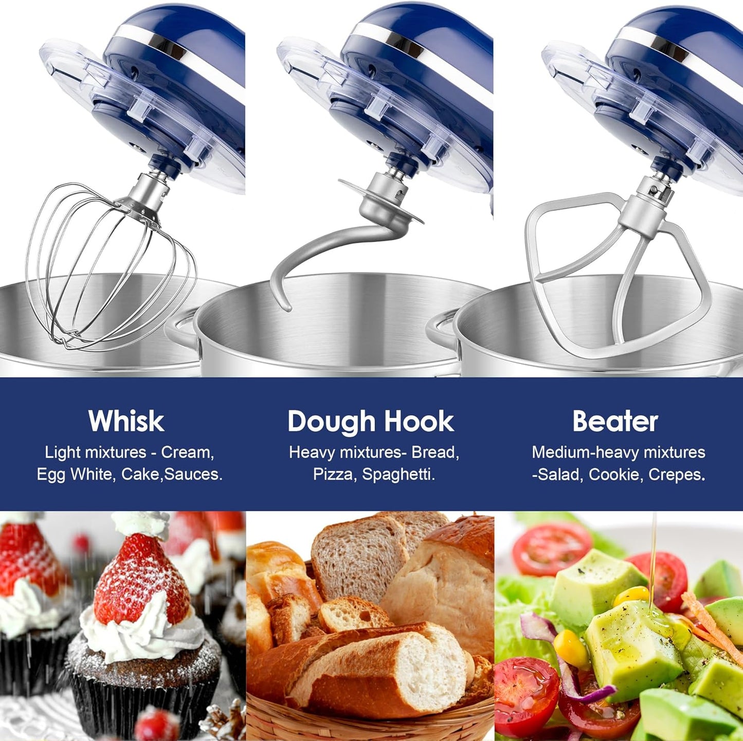 Aucma Stand Mixer,6.5-QT 660W 6-Speed Tilt-Head Food Mixer, Kitchen Electric Mixer with Dough Hook, Wire Whip & Beater (6.5QT, Royal Blue)