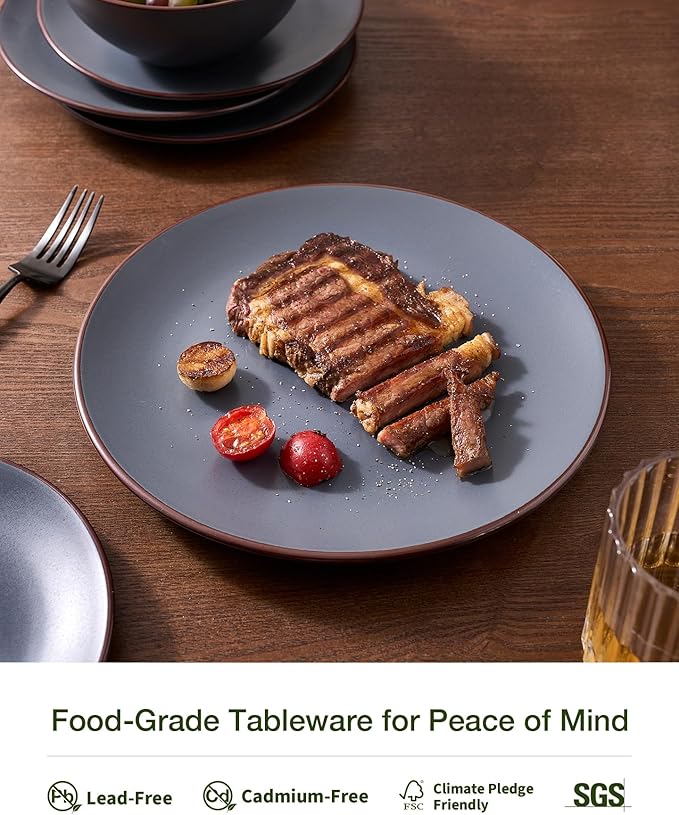 Famiware Venus Ceramic Plates and Bowls Sets, Speckled Dinnerware Dish Sets for 8 (24 Pieces) - Microwave and Dishwasher Safe, Matte Charcoal