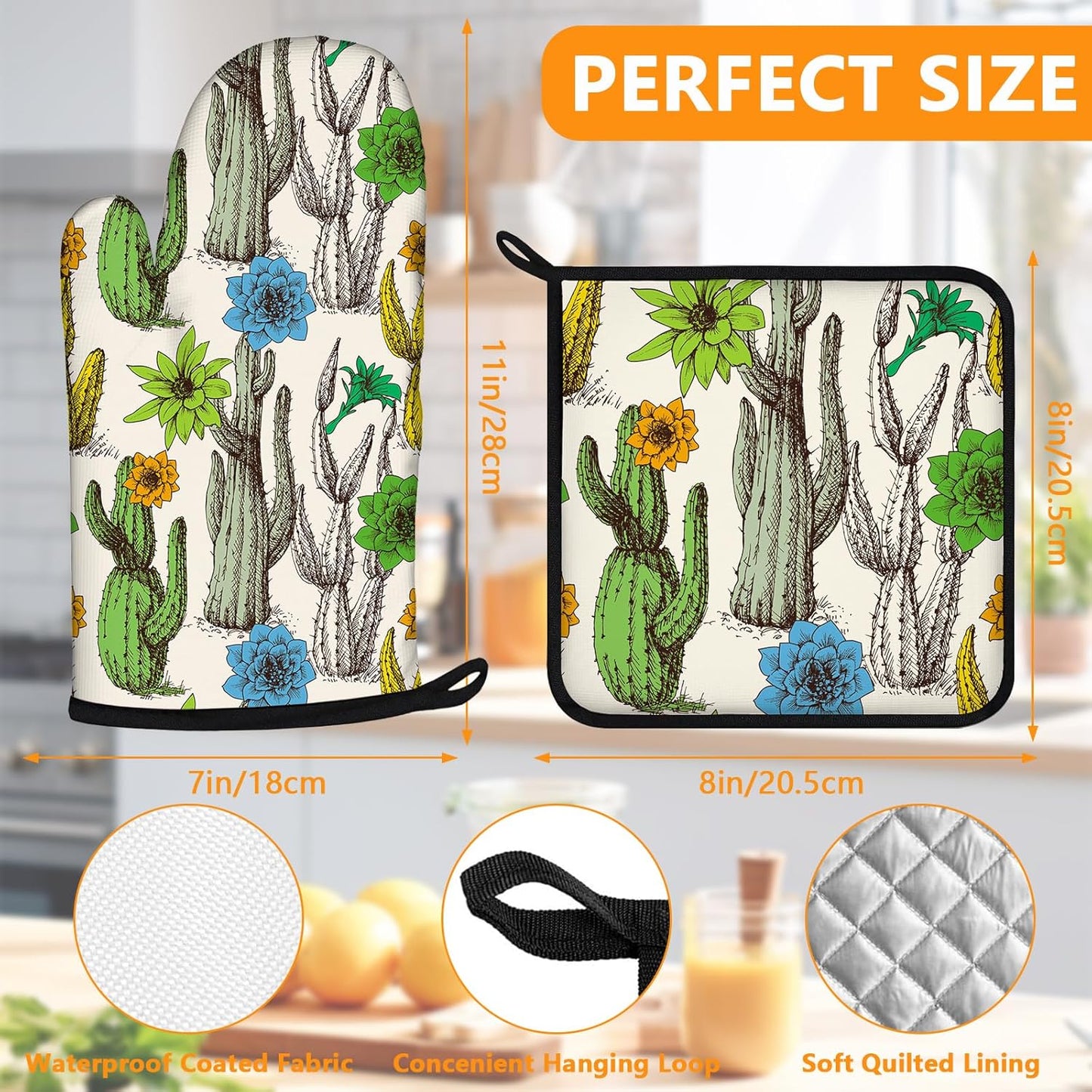 Cactus Flower Oven Mitts and Pot Holders Sets 4Pcs,Extra Long Oven Gloves Potholder for Kitchen Cooking Baking BBQ 100% Cotton Heat Resistant