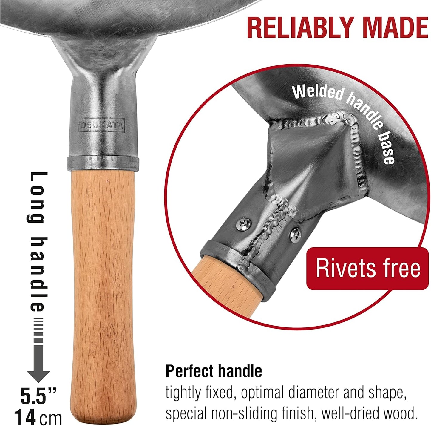 YOSUKATA 14” Round Bottom Carbon Steel Woks and Stir Fry Pans – Unseasoned Pow Wok for Stir Fry, BBQ, Grill & Camping – Hand-Hammered Traditional Japanese and Chinese Pan – Gas Stove, Open Fire Only