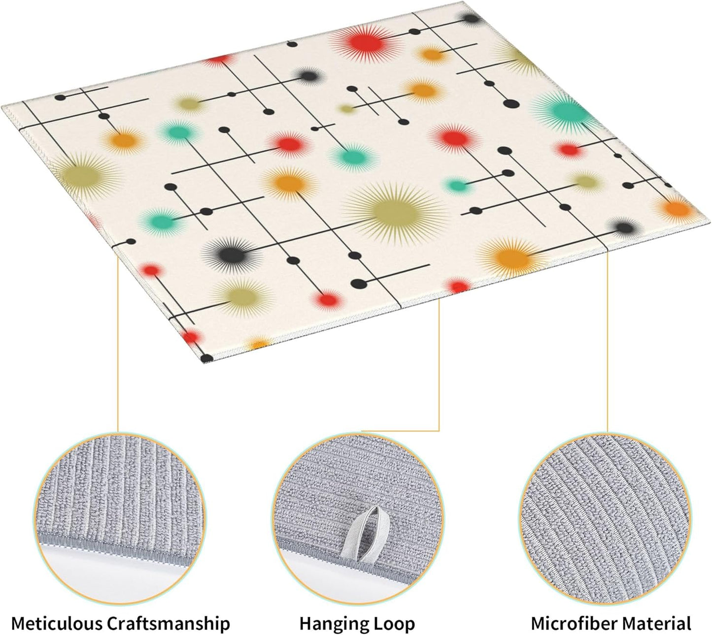 Mid Century Modern Dish Drying Mat for Kitchen Counter Yellow Washable Absorbent Reversible Microfiber Retro Drying Pad Kitchen Accessories 16x18 Inch