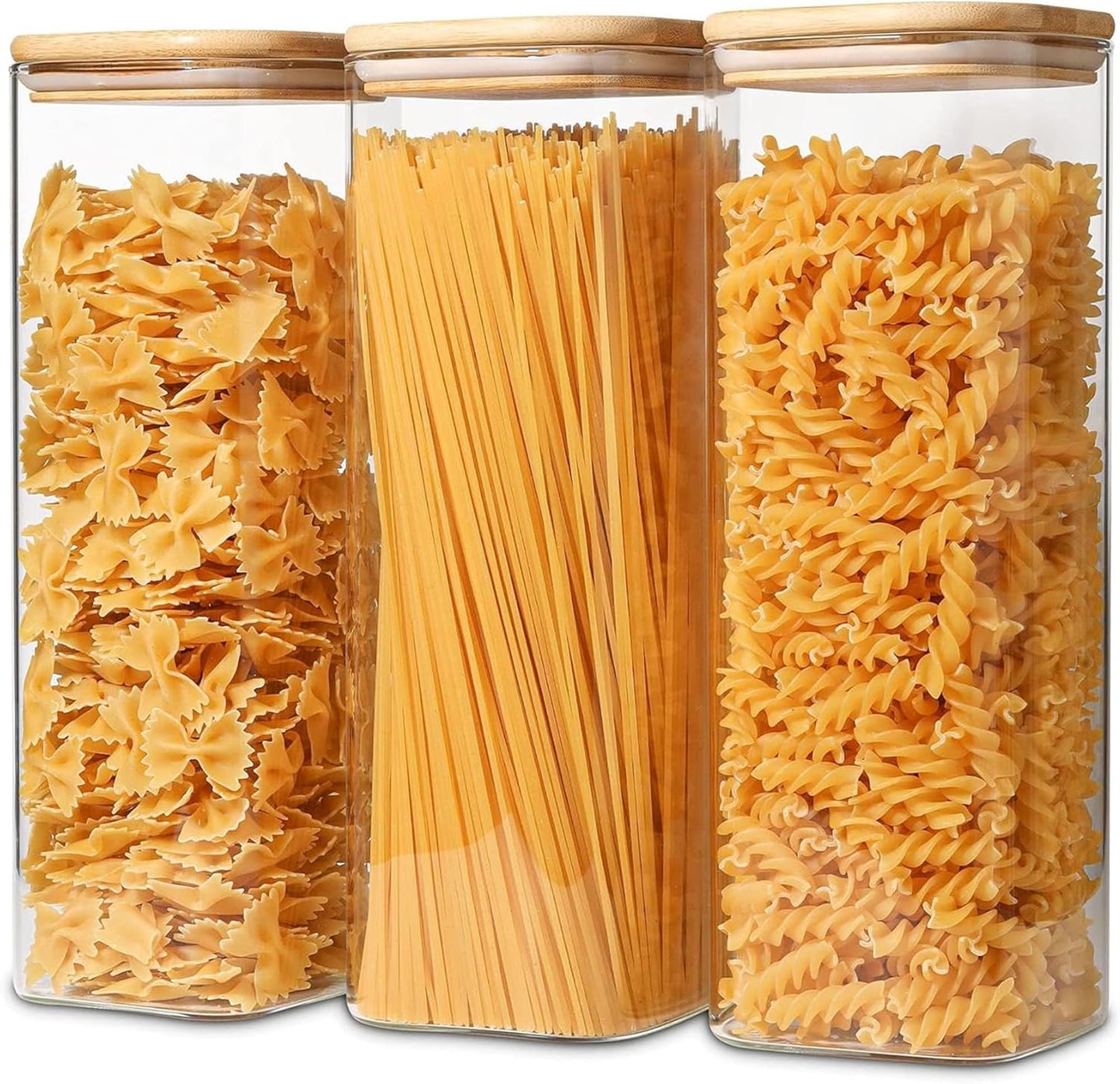 glass Jars with Bamboo Lids, Glass Canisters with Airtight Lids, Glass Food Storage Containers for Pasta, Oats, Coffee, Flour, Sugar, Best for Kitchen (Square 73oz Set-3Pack)