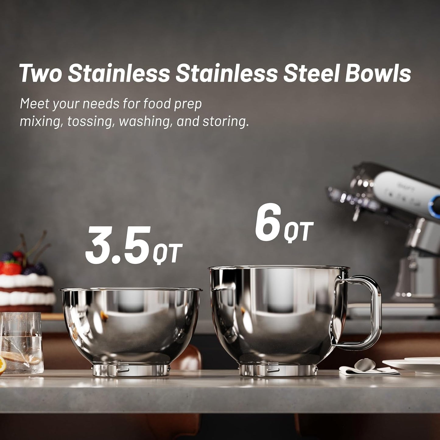 Stand Mixer, 3.5QT+6QT Two Bowls Kitchen Electric Mixer, 600W 6+P speed Tilt-Head Food Mixer with Stainless Steel Bowl, Dishwasher-Safe Dough Hook, Flat Beater, Wire Whisk, Splash Guard, Grey