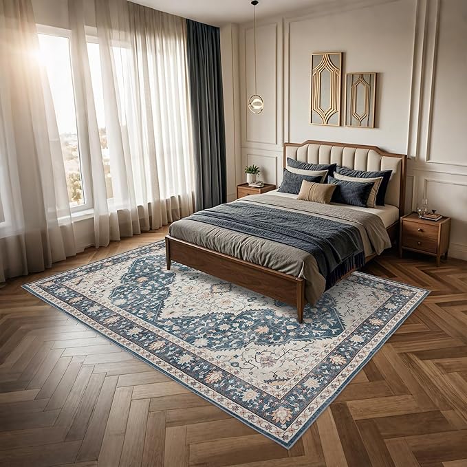 Area Rug for Living Room - Vintage Indoor Machine Washable Rug for Bedroom Dinning Room Floor - Soft Low-Pile Carpet Non-Slip Backing Floral Rugs for Office (Blue/Cream, 5' × 7')