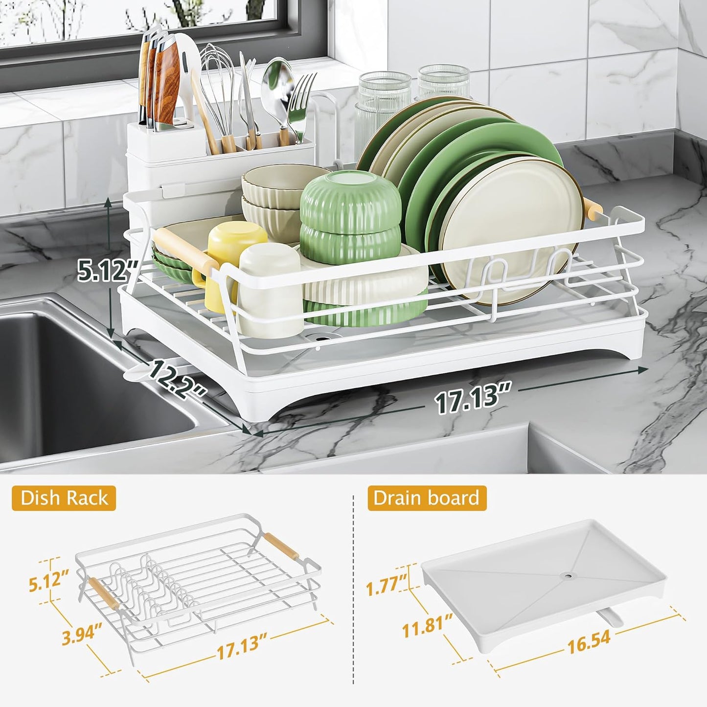 Epicano Dish Drying Rack for Kitchen Counter,Space-Saving Dish Rack,Rustproof Dish Drainer with Utensil Holder and Knife Slots for Sink,Kitchen Drying Rack with Wooden Handle and Cup Holder,White