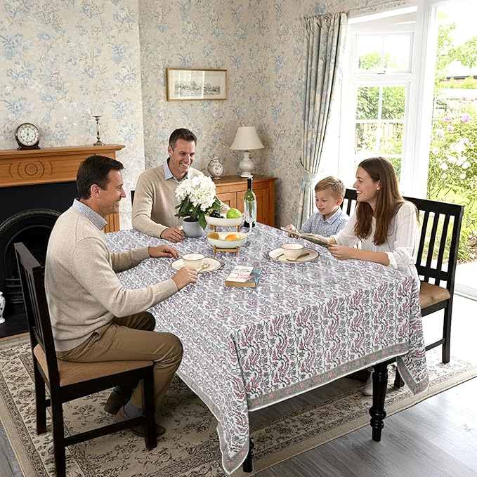 Ridhi Coral Pink Trails Hand Block Print Cotton Rectangle Tablecloth 108 x 70 inches Reusable Table Cover Decorative Everyday Use for Dining Room, Farmhouse, Home, Party, Festive & Wedding, Fall