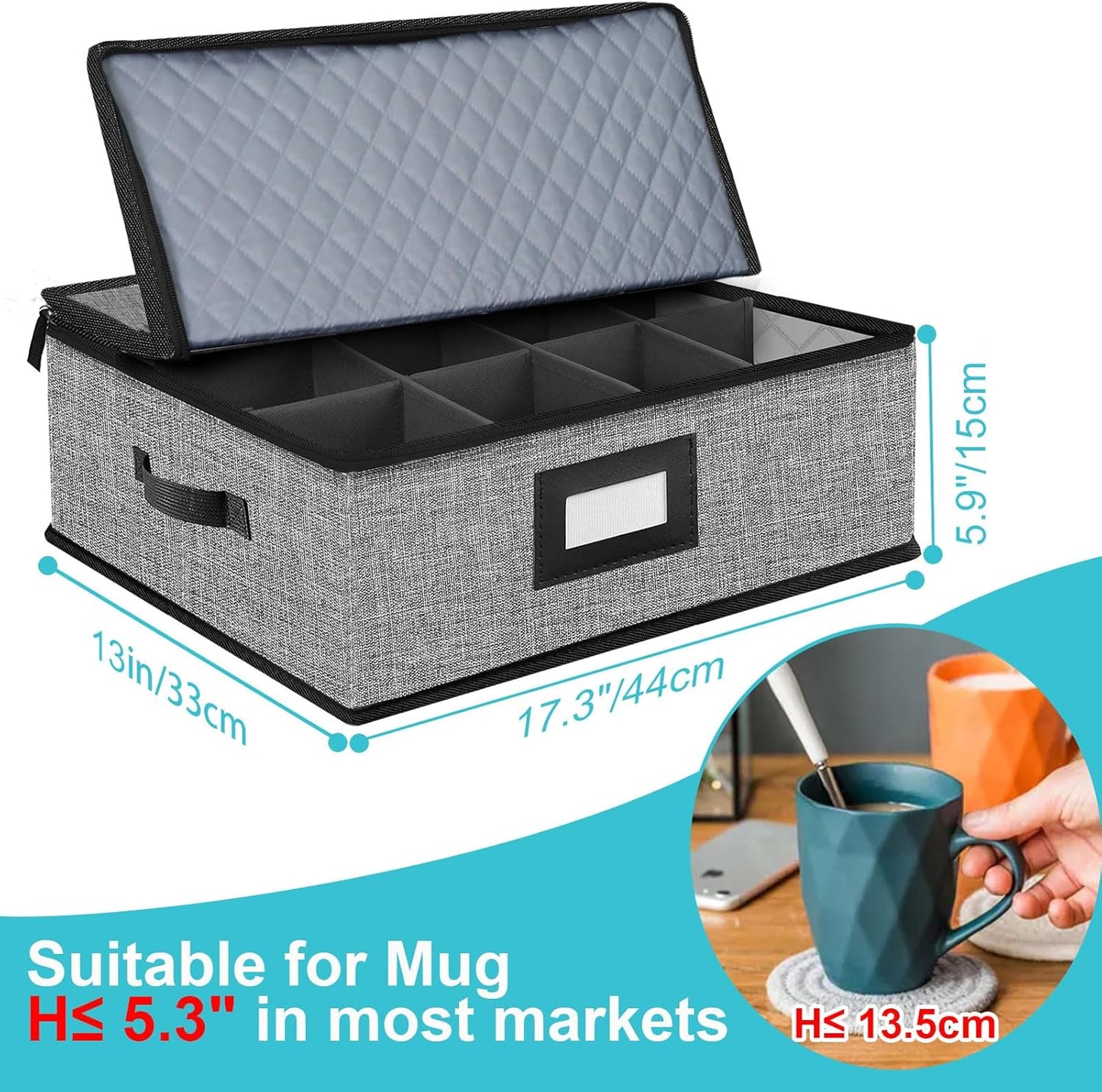 5 PACK China Storage Containers-Quilted Mug Storage and Moving Boxes for Dishes,Dish Packing Supplies for Moving,Dinnerware &Accessories,Holds a total of 48 plates (4 sizes) and 12 cups(Grey)