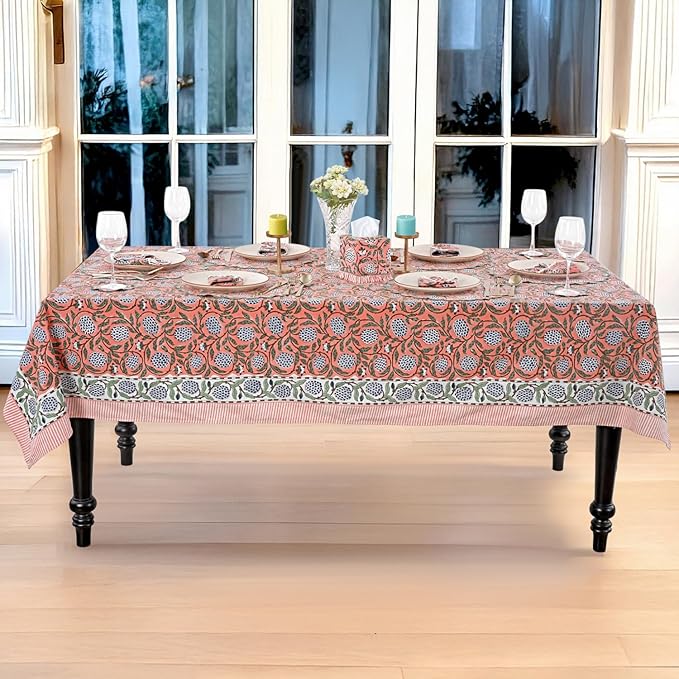 Ridhi Dark Salmon Pink 80 x 120 Inches Rectangular Cotton Washable Tablecloth, Hand Block Print Floral, for Kitchen, Dining, Spring, Easter, Wedding, Birthday, Bridal