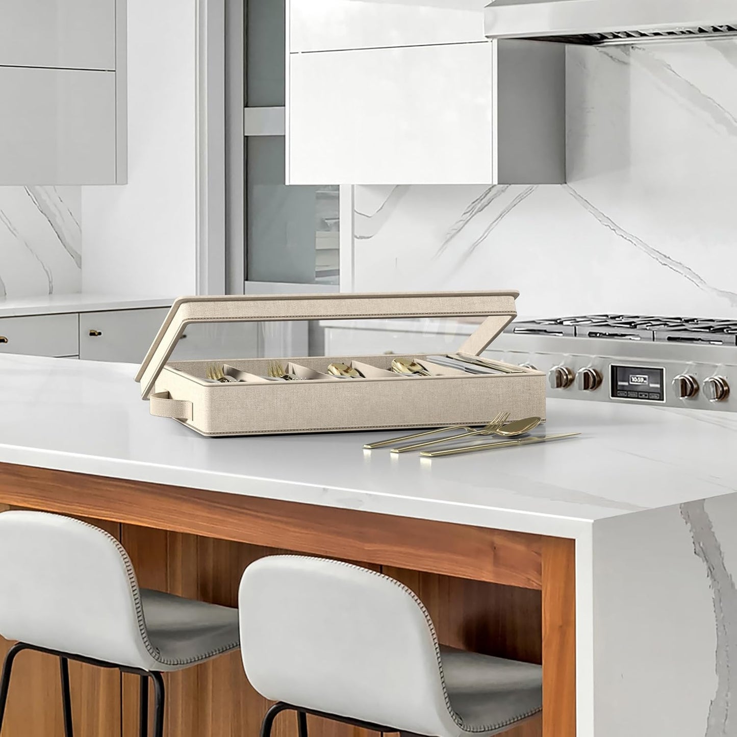 Sorbus Flatware & Utensil Storage - Fabric Chest Box for Storage and Organizing Utensils, Silverware, Flatware, Cutlery - Silverware Organizer Container with Clear Lid & Adjustable Divider