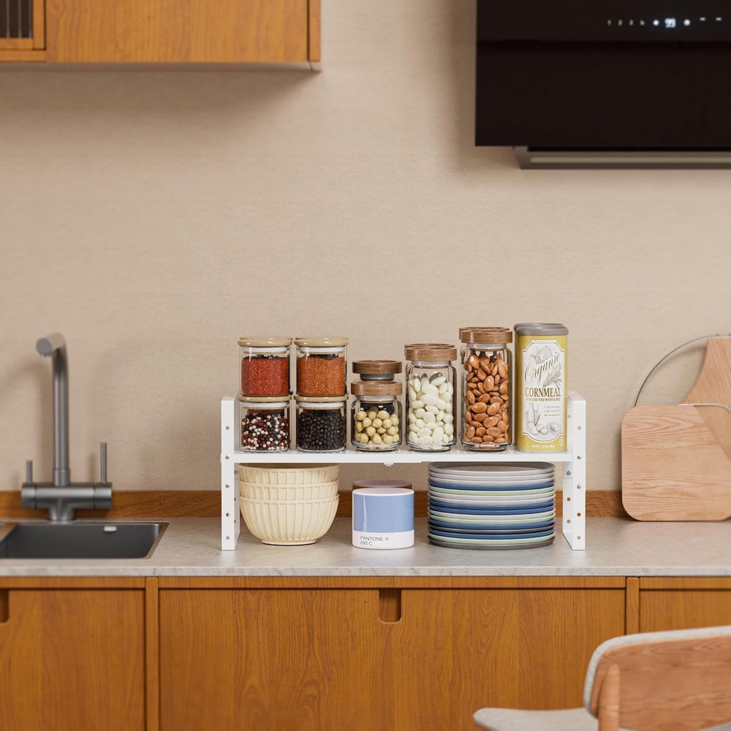 Expandable Shoe Rack Stackable Metal Pantry Storage Shelves Stand Adjustable Height Cabinet Shelf Organizer Racks Spice Shelving(1PACK/WHITE,MEDIUM)