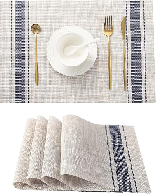 Leetaltree Khaki-Blue Placemats, Heat Resistant Non-Slip Place mats for Dining Table, Washable Durable PVC Vinyl Woven Table Mats (Set of 4)