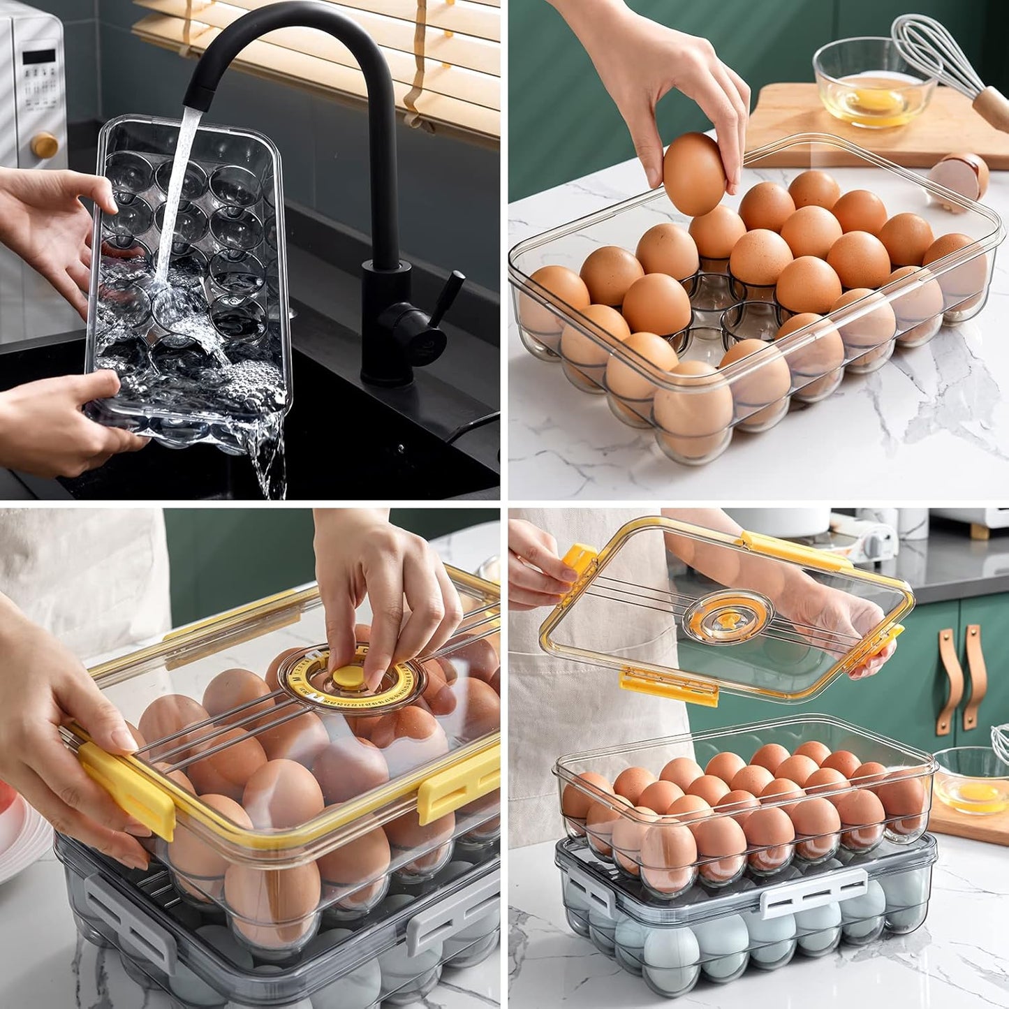 CottonColors Egg Holder for Fridge - 18 Container for Refrigerator, Plastic Organizer, Stackable Storage With Lids for Timer