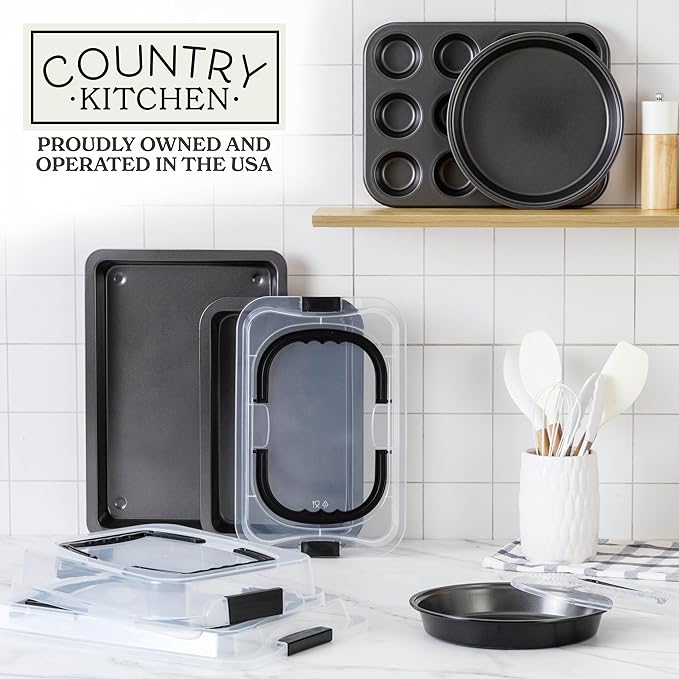 Country Kitchen Baking Pans Set - 10 Piece Non-Stick Cake Pans with Carry Lids for Easy Storage & Travel, Perfect for Parties - Stackable, Black