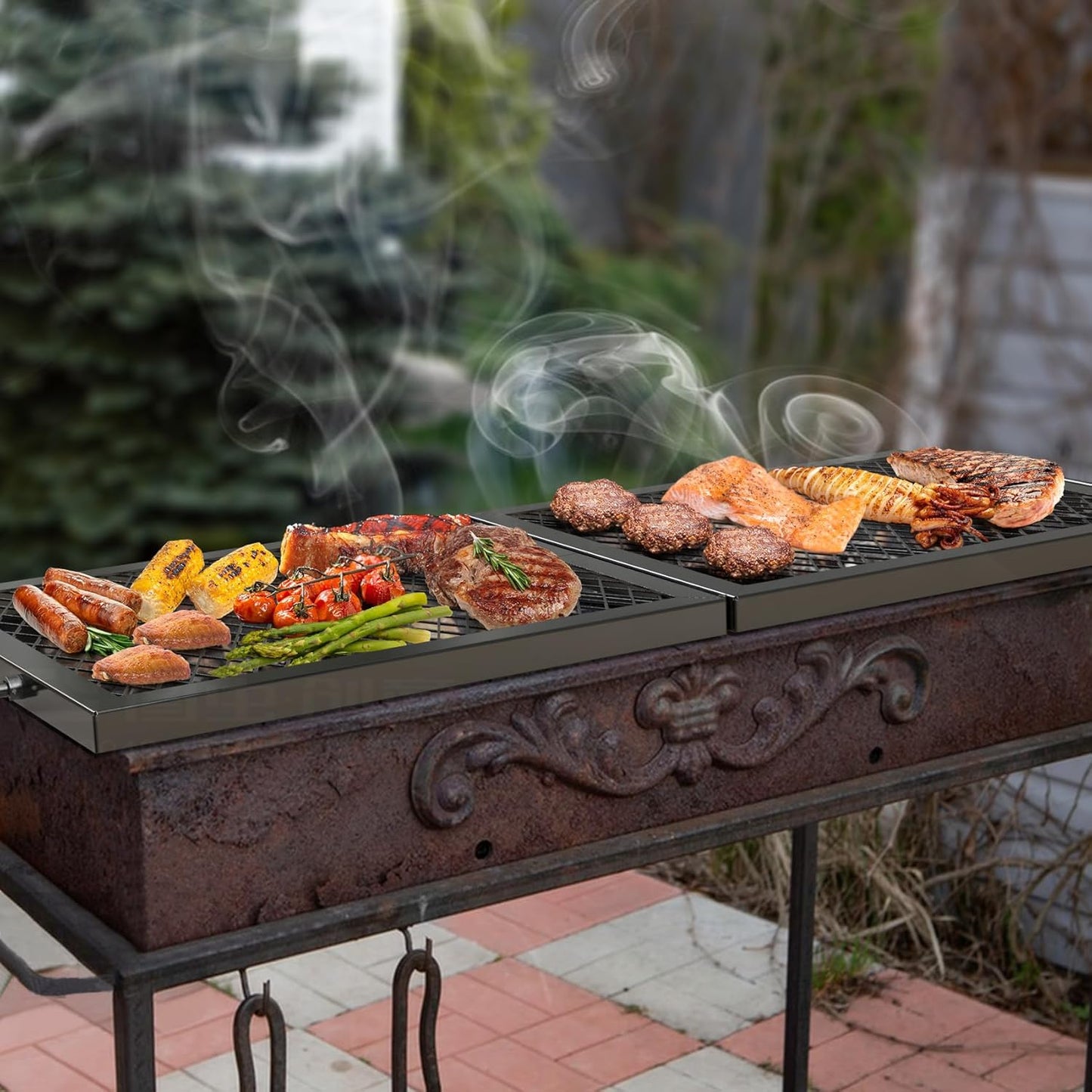 Onlyfire Foldable X-Marks Fire Pit Cooking Grate, Portable Rectangle Campfire Grill Grate with Handles, Heavy Duty Steel Campfire BBQ Grill for Outdoor, 36 inch