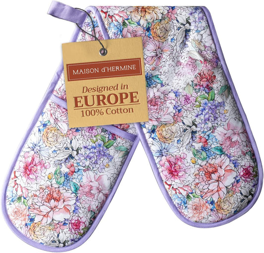 Maison d' Hermine Double Oven Mitts 100% Cotton 7"x35" Double Oven Mitt Heat Resistant BBQ Cooking Gloves with Loop, Baking, Grilling, Home, Kitchen, Handling Hot Pans Spring Summer (Floral Love)