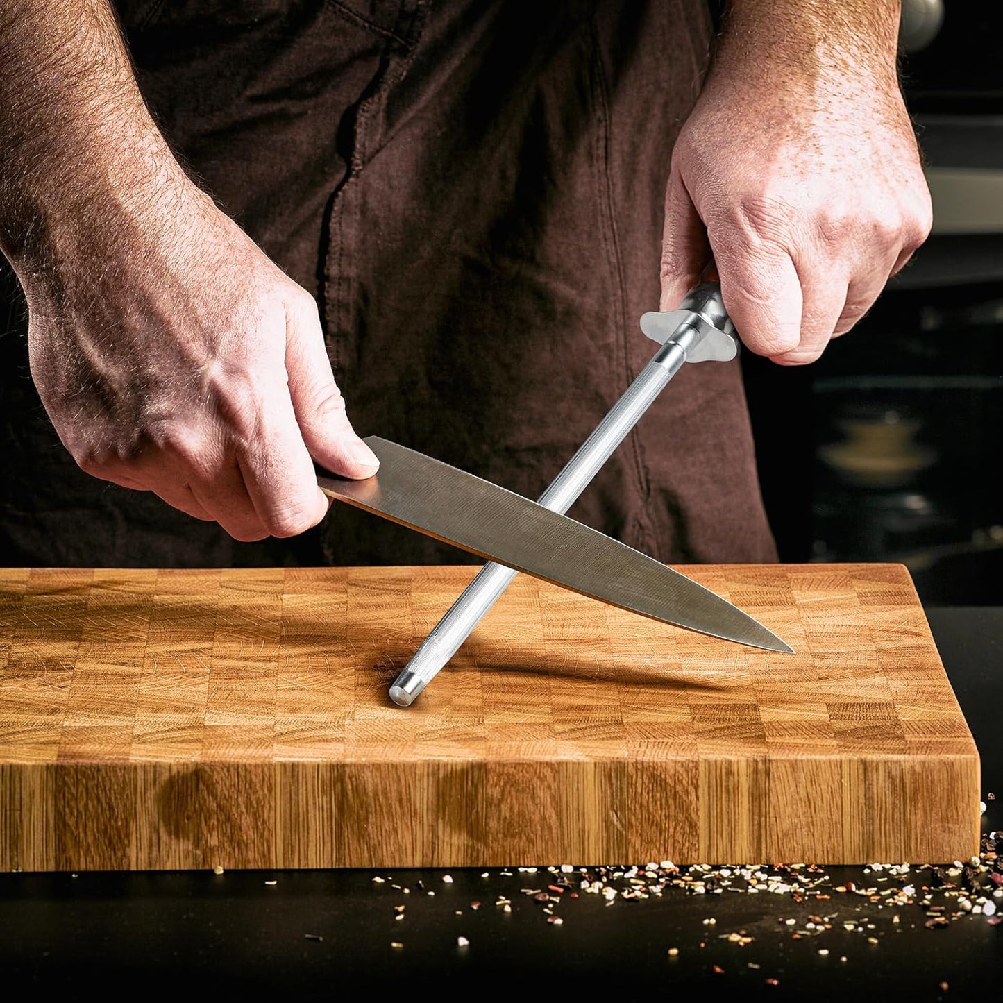 Knife Sharpener Rod, Kitchen Knives Sharpener Carbon Steel Professional Knife Sharpening Steel, Honing Rod with Hanging Holes (13 inches), N