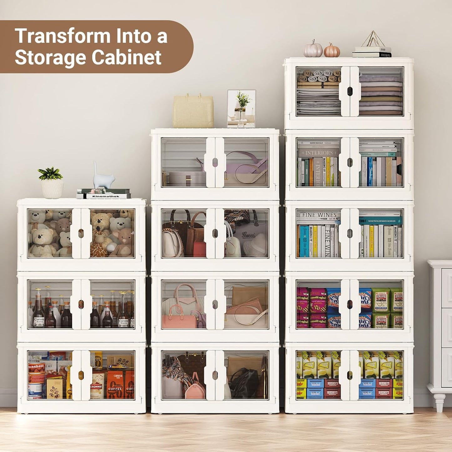 345Qt Stackable Storage Bins with Individual Lids & Wheels, Large Plastic Collapsible Latching Boxes Closet Organizers and Storage Cabinet Shelves Units for Home Kitchen Dorm, 3-Pack White