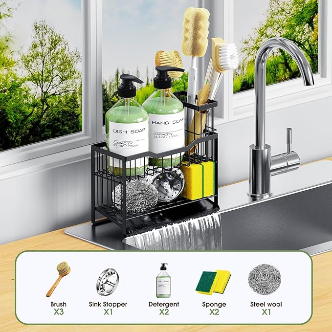 2-Tier Self-Draining Sponge Holder for Kitchen Sink - Rustproof Non-Slip Sink Caddy with Dish Brush Holder & Fits for Most Soap Dispensers - Black
