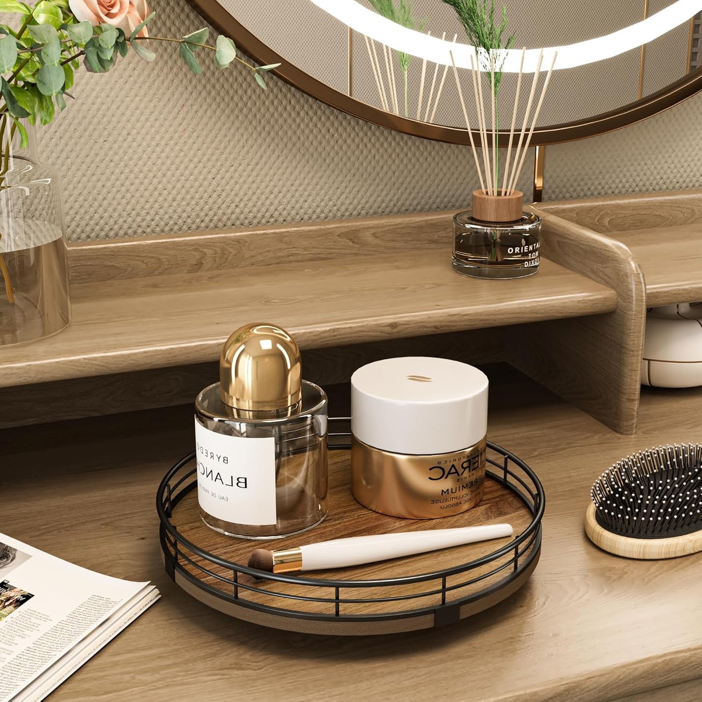 Acacia Wood 9" Bathroom Vanity Tray Turntable, Farmhouse Round Bathroom Countertop Organizer for Soap Perfume, Rotating Organizer for Kitchen Table Centerpieces, Decorative Trays for Coffee Table