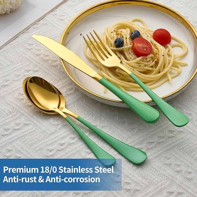 20-Piece Green & Gold Silverware Set, 18/0 Stainless Steel Colorful Handle Flatware Set,Service for 4,Modern Cutlery Set Includes Dinner Knives Forks Spoons,Mirror Polished,Dishwasher Safe